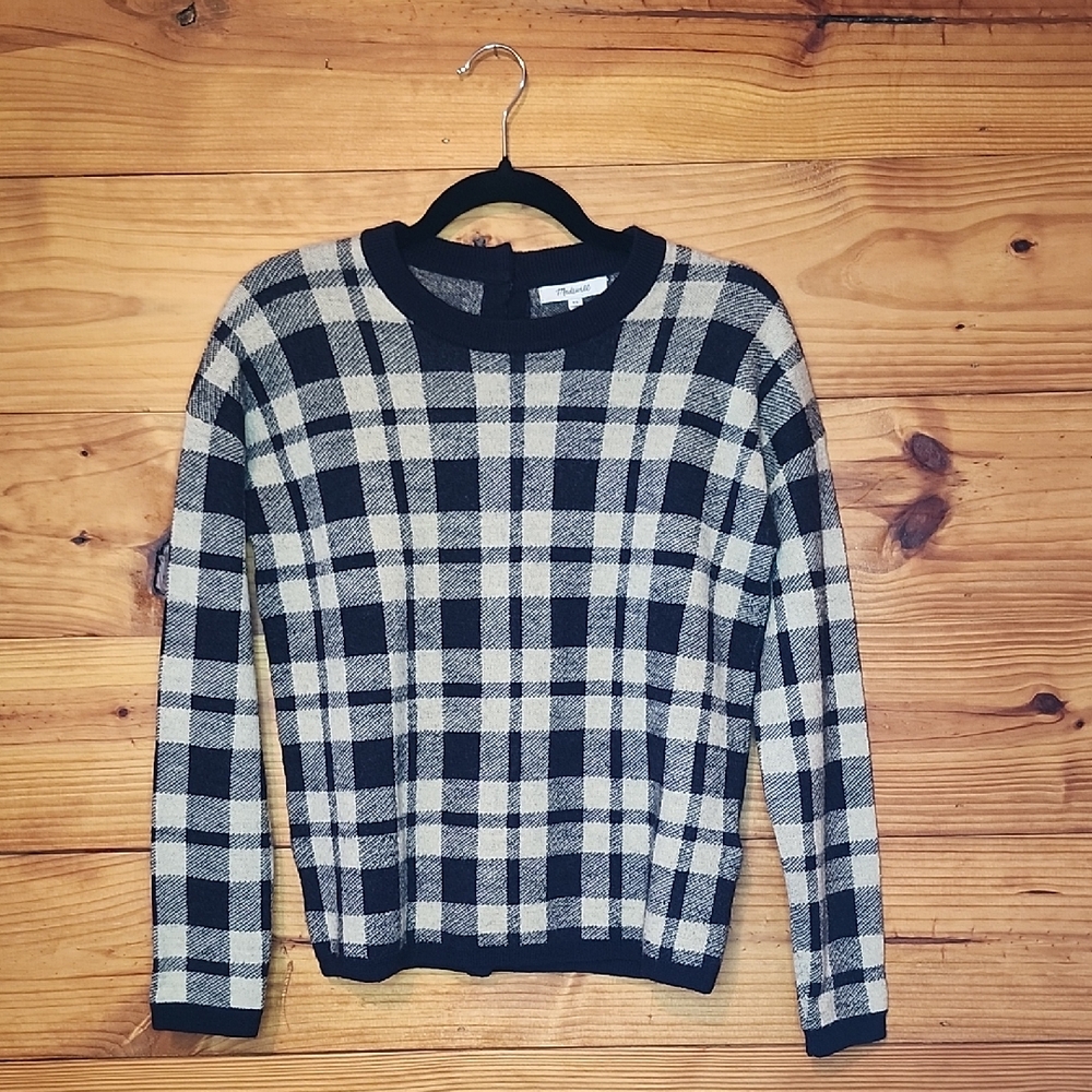 Madewell 100% Merino Wool Academia Back Button Navy and Cream Plaid Sweater Xs